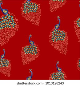 Peacocks with openwork and rainbow tails on a red background. seamless pattern. Freehand drawing vector. Modern stylish texture. 