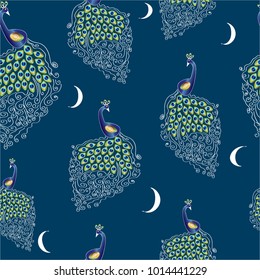 peacocks with openwork rainbow tails on a dark blue background with moons, exotic summer night, seamless pattern.Drawing vector. Modern stylish texture