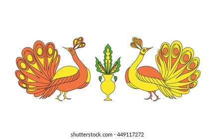 Peacocks ornamental hand drawn. Fantasy birds isolated on white .Colorful vector illustration. T-shirt designs. Embroidery pattern in oriental style.