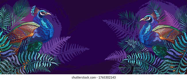 Peacocks and palm leaves banner. Embroidery art. Fashion spring background. Fashionable template. Greeting, invitation card 