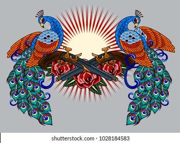 Peacocks and revolvers with roses, old school tattoo image