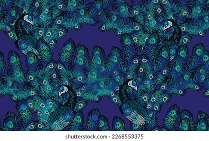 Peacocks. Seamless pattern. Fashion textiles, fabric, packaging.