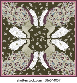 Peacocks for a silk scarf. Colorful vector peacock