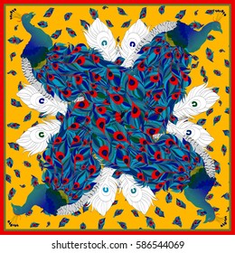 Peacocks for a silk scarf. Colorful vector peacock
