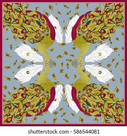 Peacocks for a silk scarf. Colorful vector peacock
