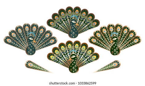Peacocks, stylized bird with luxurious tail, isolated on white background, vector illustration