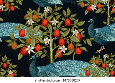 Peacocks and trees with flowers and kumquat fruits. Seamless vector background. Luxury pattern with exotic plants and birds. Vintage.