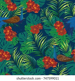 Peacocks and tropical stylish background. vector pattern.