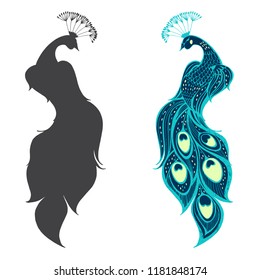 Peacocks. Vector illustration, two variants. Isolated elements on white background.