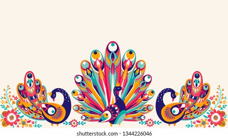 Peafowl or peacock isolated on beige background. Beautiful graceful exotic tropical bird with bright colored extravagant plumage. Wild fauna. Colorful vector illustration