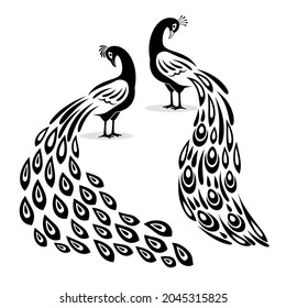 Peafowl silhouettes. Black peacock logo elements, peacoccks designs cuttings laser vector animals, monochrome peecoock templates with cute tail isolated on white background