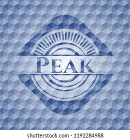 Peak blue emblem or badge with abstract geometric polygonal pattern background.