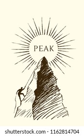 Peak, business concept sketch. The climber climbs the rope to the top of the cliff. Vector hand drawn illustration.