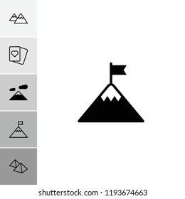 Peak icon. collection of 6 peak filled and outline icons such as mountain, flag on mountain. editable peak icons for web and mobile.