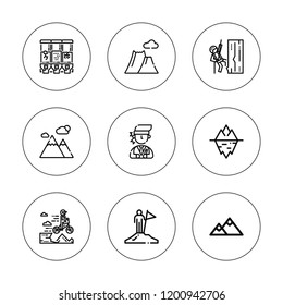 Peak icon set. collection of 9 outline peak icons with determination, iceberg, mountain, overcome icons. editable icons.