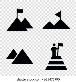 Peak icons set. set of 4 peak filled icons such as mountain, man at the top of the mountain with flag