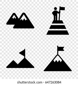 Peak icons set. set of 4 peak filled icons such as mountain, man at the top of the mountain with flag