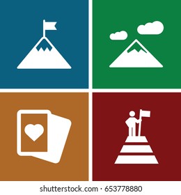Peak icons set. set of 4 peak filled icons such as spades, man at the top of the mountain with flag, flag on mountain