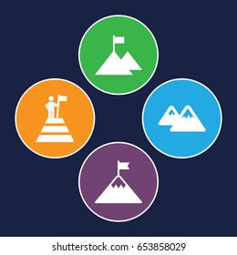 Peak icons set. set of 4 peak filled icons such as mountain, man at the top of the mountain with flag