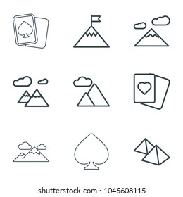 Peak icons. set of 9 editable outline peak icons such as spades, mountain