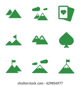 Peak icons set. set of 9 peak filled icons such as spades, mountain