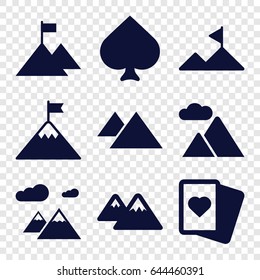 Peak icons set. set of 9 peak filled icons such as spades, mountain