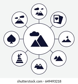 Peak icons set. set of 9 peak filled icons such as spades, mountain