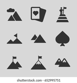 Peak icons set. set of 9 peak filled icons such as spades, mountain, man at the top of the mountain with flag
