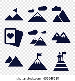 Peak icons set. set of 9 peak filled icons such as mountain, man at the top of the mountain with flag, spades 