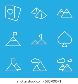 peak icons set. Set of 9 peak outline icons such as Spades, mountain
