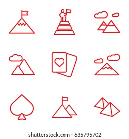 Peak icons set. set of 9 peak outline icons such as spades, mountain, man at the top of the mountain with flag