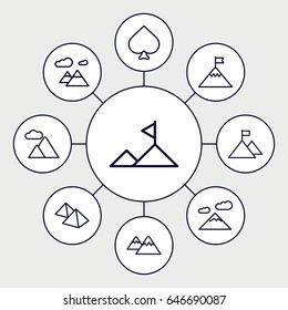 Peak icons set. set of 9 peak outline icons such as spades, mountain
