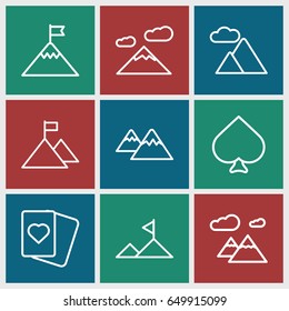 Peak icons set. set of 9 peak outline icons such as spades, mountain