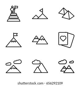 Peak icons set. set of 9 peak outline icons such as spades, mountain, man at the top of the mountain with flag