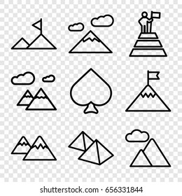 Peak icons set. set of 9 peak outline icons such as spades, mountain, man at the top of the mountain with flag