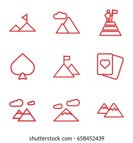 Peak icons set. set of 9 peak outline icons such as spades, mountain, man at the top of the mountain with flag