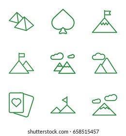 Peak icons set. set of 9 peak outline icons such as spades, mountain