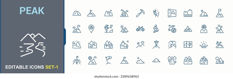 Peak icons set. Contain linear outline icons range, climbing, mountains, top, land, expedition, rock and more. Collection for mobile and web apps. Icon illustration in minimalist and modern style.