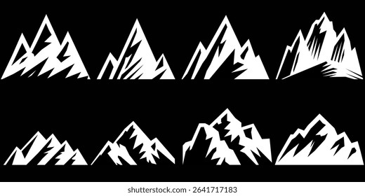 Peak logo mountain icon, mountain silhouette. Mountain outdoor silhouette abstract background icon design. Minimalist black mountain silhouette peak icons varying in style and shape.
