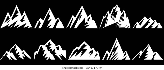 Peak logo mountain icon, mountain silhouette. Mountain outdoor silhouette abstract background icon design. Minimalist black mountain silhouette peak icons varying in style and shape.