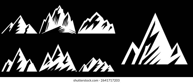 Peak logo mountain icon, mountain silhouette. Mountain outdoor silhouette abstract background icon design. Minimalist black mountain silhouette peak icons varying in style and shape.