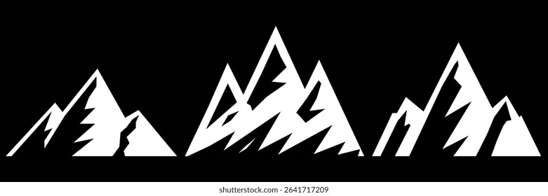 Peak logo mountain icon, mountain silhouette. Mountain outdoor silhouette abstract background icon design. Minimalist black mountain silhouette peak icons varying in style and shape.
