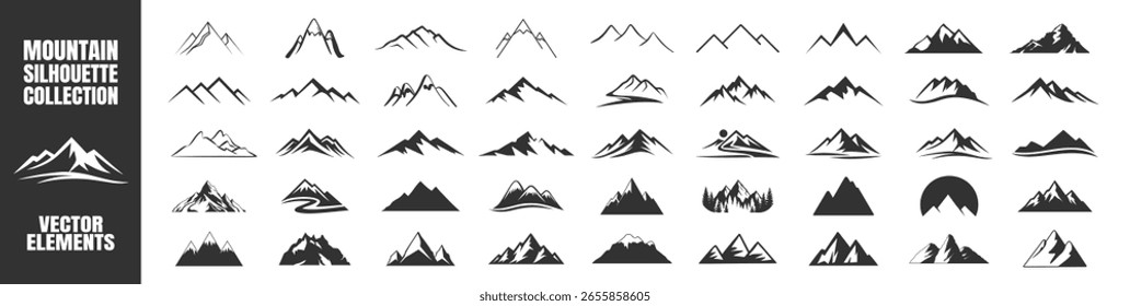 Peak Logo Bergsymbol, Bergsilhouette, Vektorsatz für Logo, Wanderung Reise Illustration Sammlung, felsigen Hügeln Gelände, Berge Silhouette für Landschaftsgestaltung auf transparentem Hintergrund.