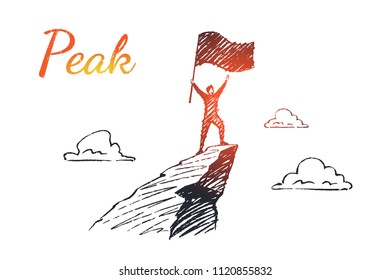 Pico. Um homem fica no topo de uma montanha com uma bandeira. Ilustração de conceito de negócios de vetor, esboço desenhado à mão.