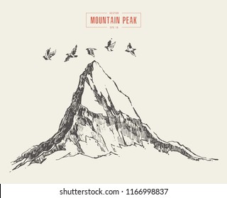 Peak of the mountain with birds flying over it, vector illustration, hand drawn, sketch