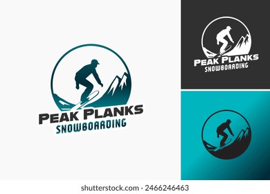 Logotipo de snowboard de Peak Planks: un pico dinámico cubierto de nieve con tablas de snowboard que simbolizan la aventura y la excelencia. Perfecto para las marcas de snowboard.