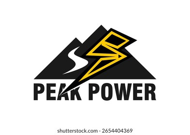 O design do logotipo Peak Power apresenta montanhas e raio.