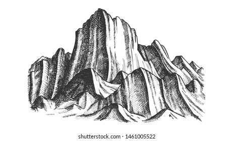 Peak Of Rocky Mountain Landscape Monochrome Vector. Mountain Versant Rock Peak Felsenwand Adventure Wilderness Place Concept. Designed Slope Clift Template Black And White Illustration