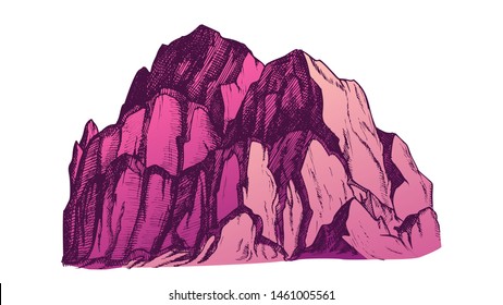 Peak Of Rocky Mountain Landscape Vintage Vector. Mountain Large Landform Rises Above Surrounding Land In Limited Area. Pencil Designed Slope Clift Template Color Illustration