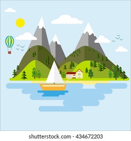 Peak season mountains and green valley. Sky forest rock travel view mountain background. Vector mountains green valley boat lake landscape background. Summer tourism river scenic.